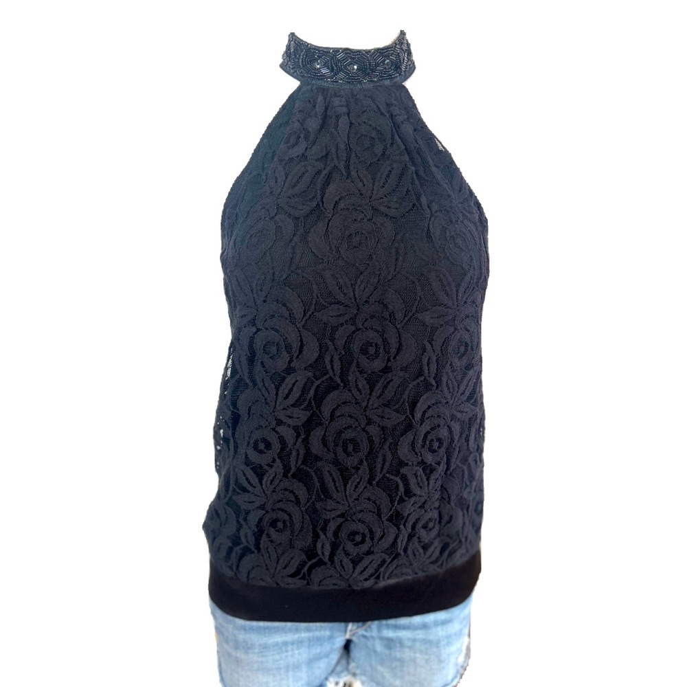 LE CHÂTEAU SLEEVLESS HALTER NECK LACE BLOUSE LINED BEADED NEVK BACK BUTTONS S
